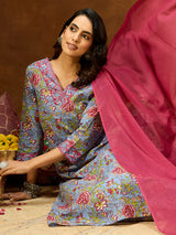 Women's Blue Pure Cotton Floral Printed Straight Kurta Set