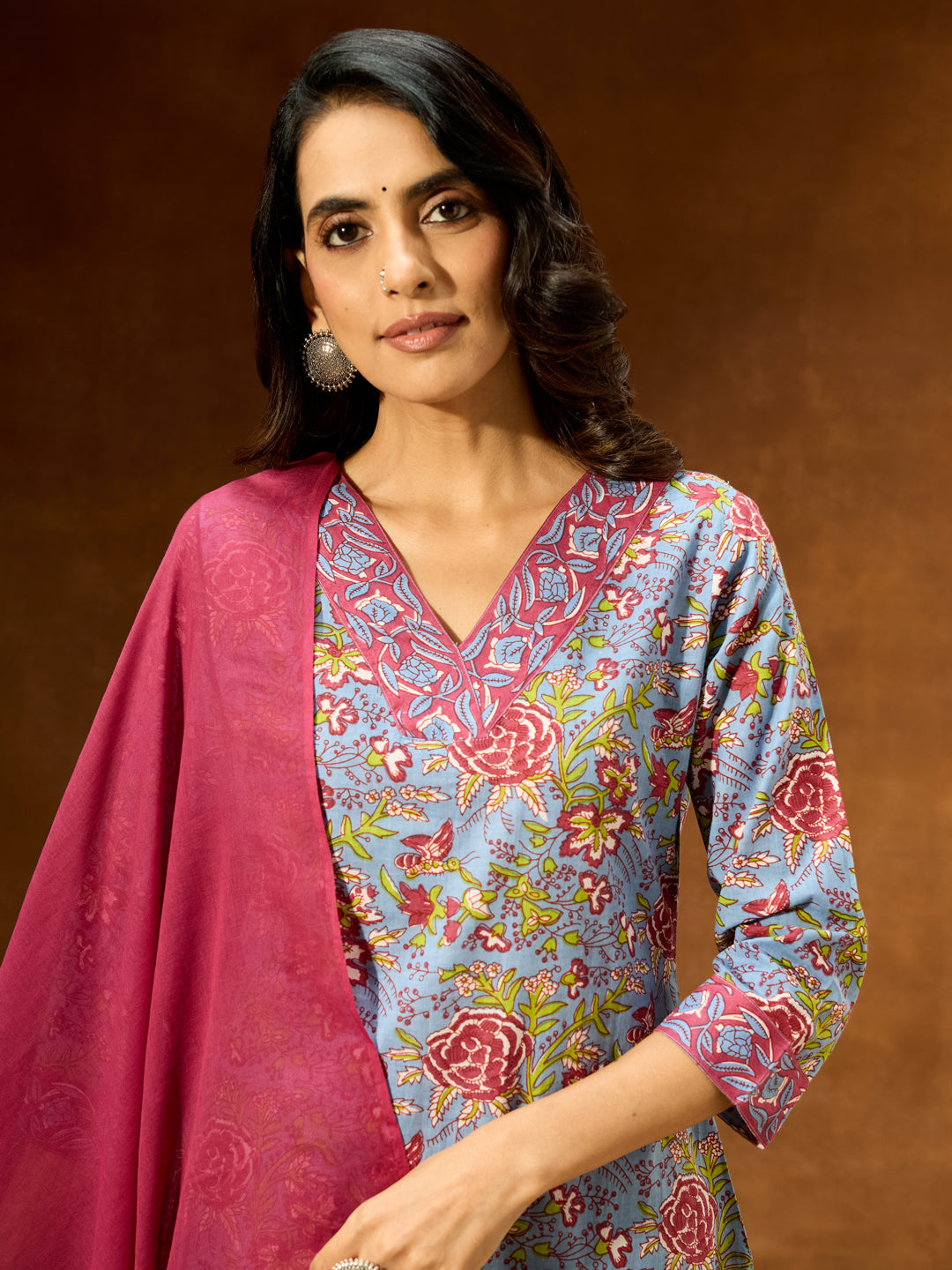 Women's Blue Pure Cotton Floral Printed Straight Kurta Set