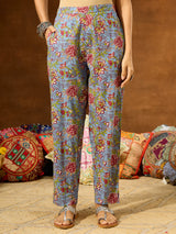 Women's Blue Pure Cotton Floral Printed Straight Kurta Set