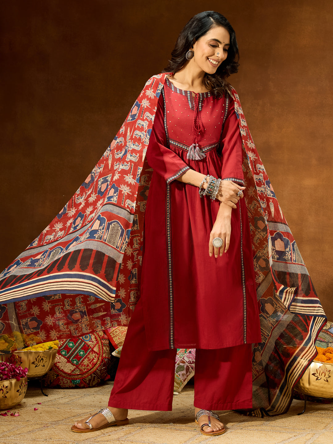 Women's Maroon Pure Cotton Embellished Straight Kurta With Palazzo & Dupatta Set