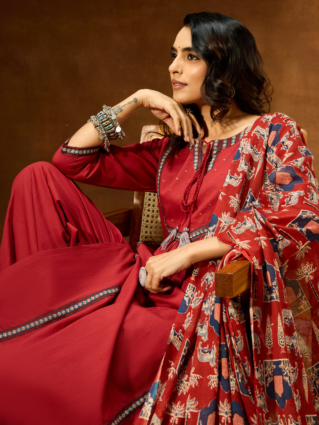 Women's Maroon Pure Cotton Embellished Straight Kurta With Palazzo & Dupatta Set