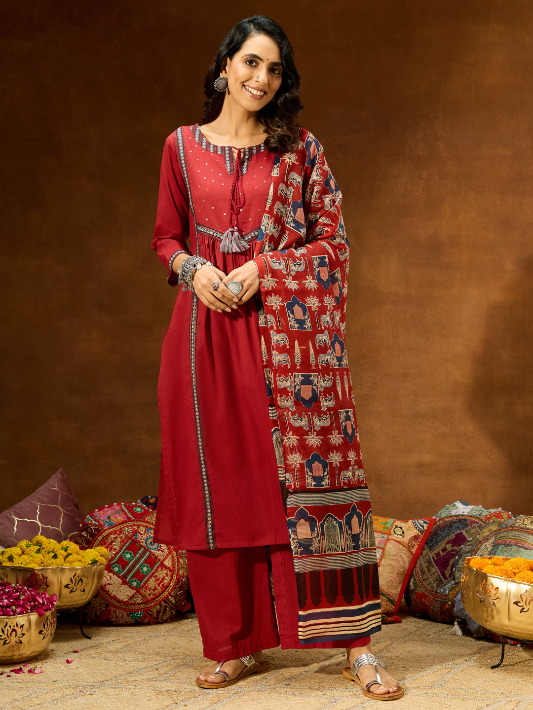 Women's Maroon Pure Cotton Embellished Straight Kurta With Palazzo & Dupatta Set