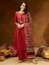 Women's Maroon Pure Cotton Embellished Straight Kurta With Palazzo & Dupatta Set