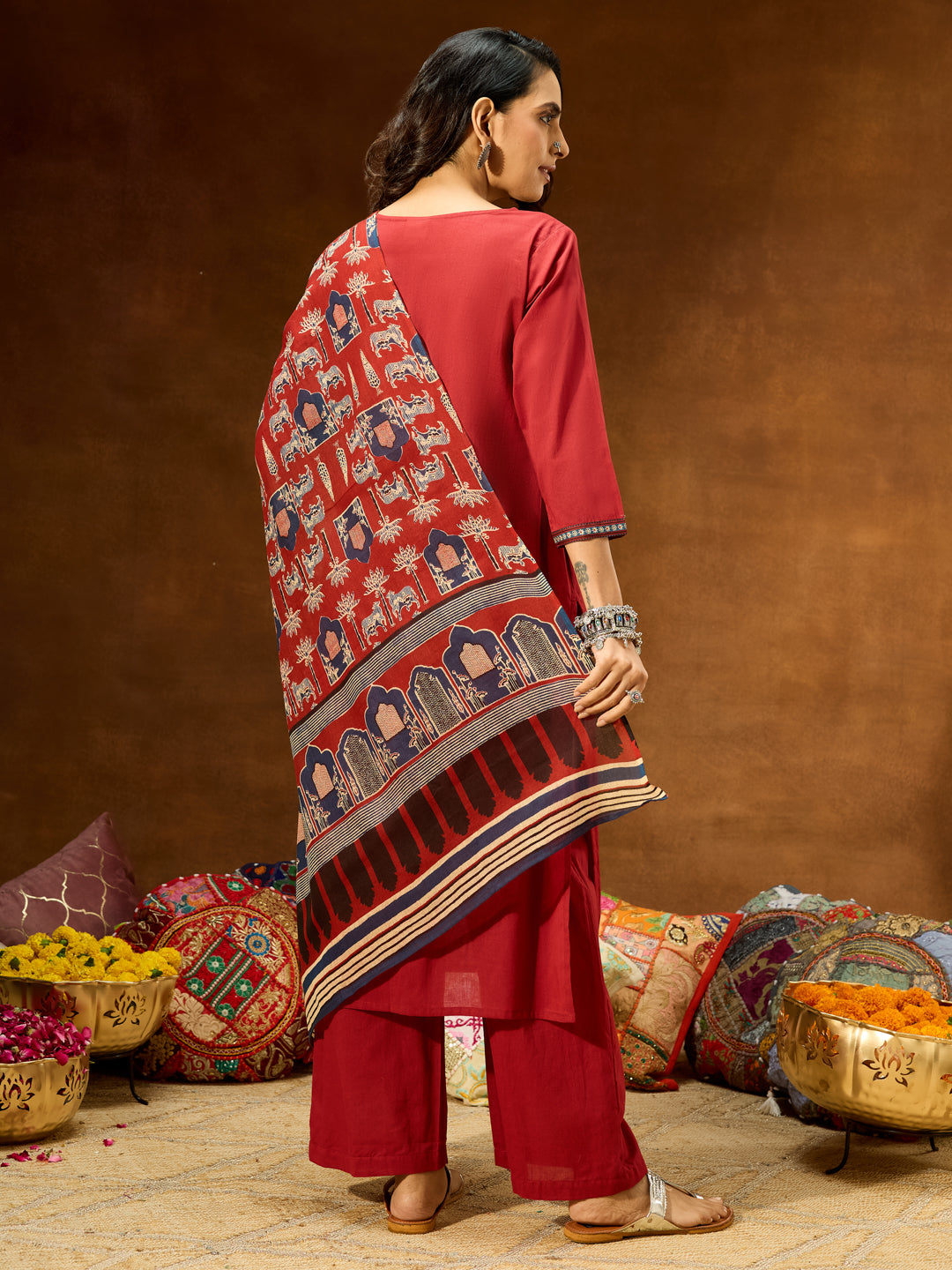 Women's Maroon Pure Cotton Embellished Straight Kurta With Palazzo & Dupatta Set