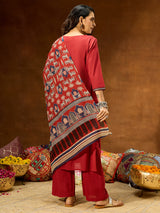 Women's Maroon Pure Cotton Embellished Straight Kurta With Palazzo & Dupatta Set