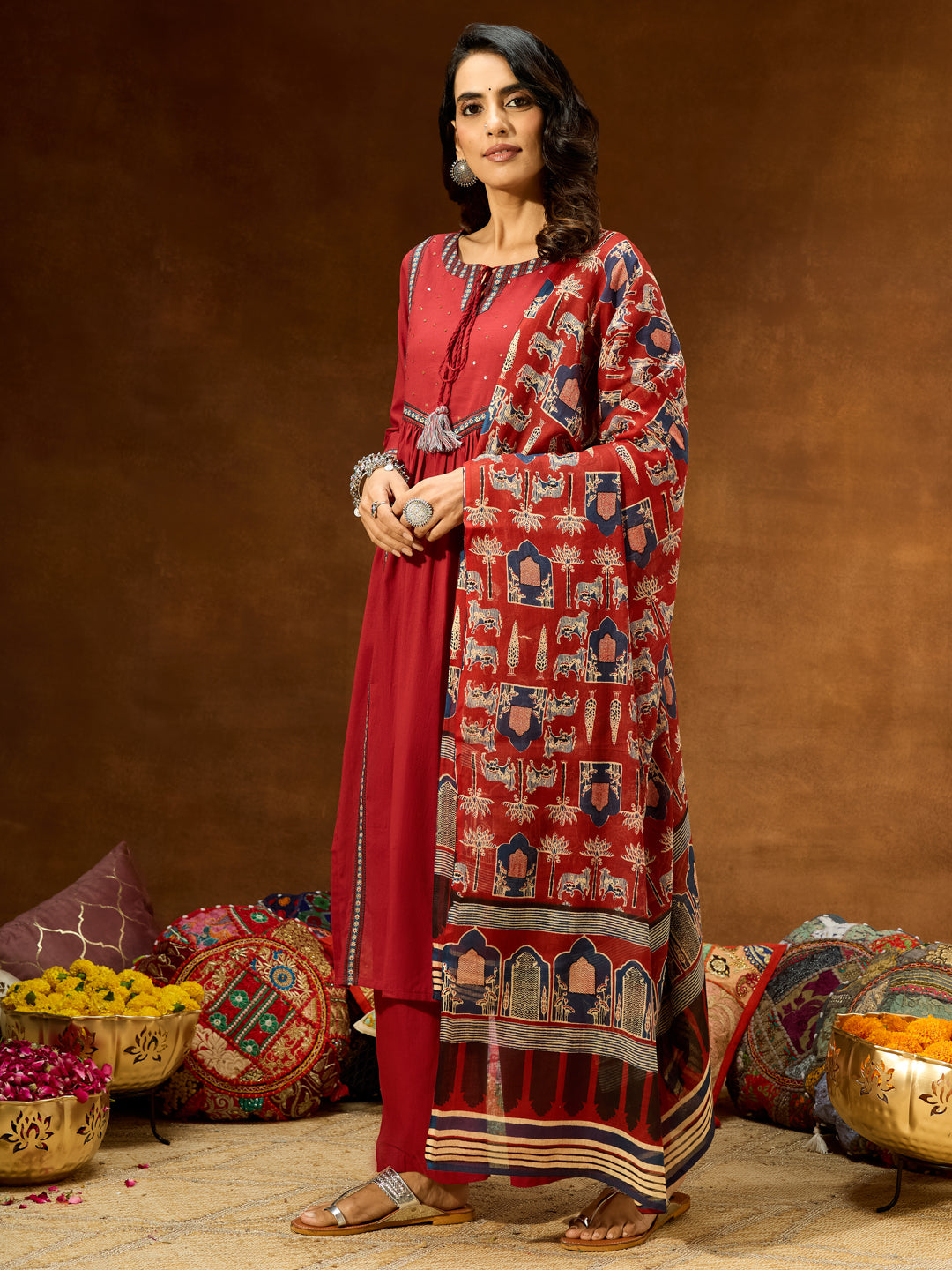 Women's Maroon Pure Cotton Embellished Straight Kurta With Palazzo & Dupatta Set