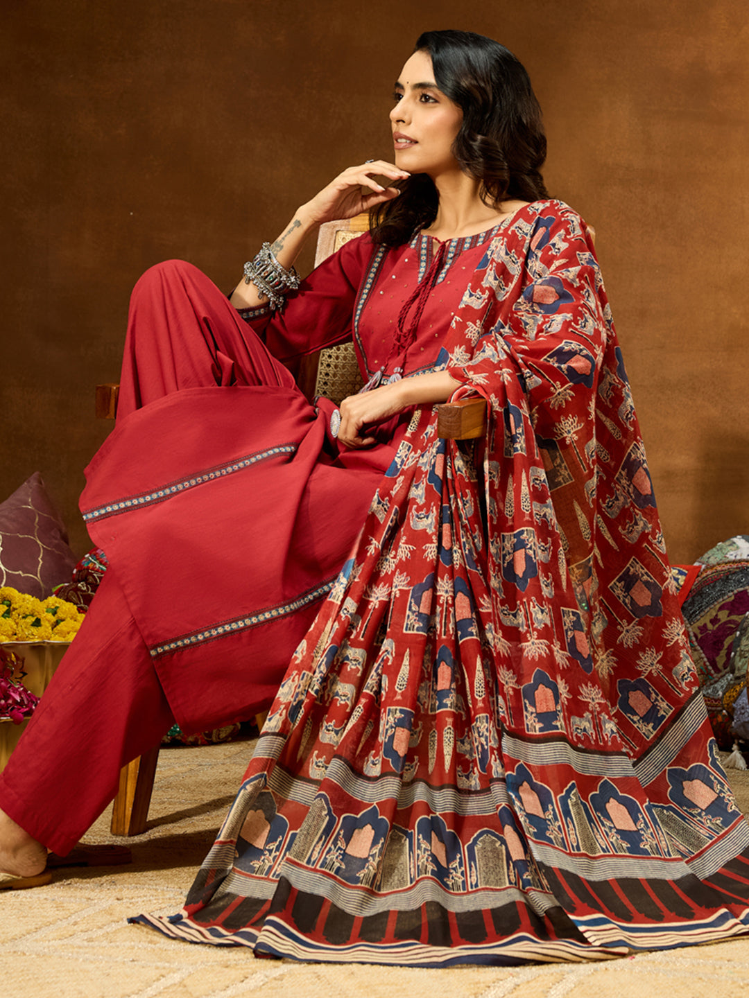 Women's Maroon Pure Cotton Embellished Straight Kurta With Palazzo & Dupatta Set