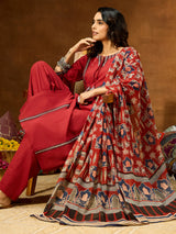 Women's Maroon Pure Cotton Embellished Straight Kurta With Palazzo & Dupatta Set