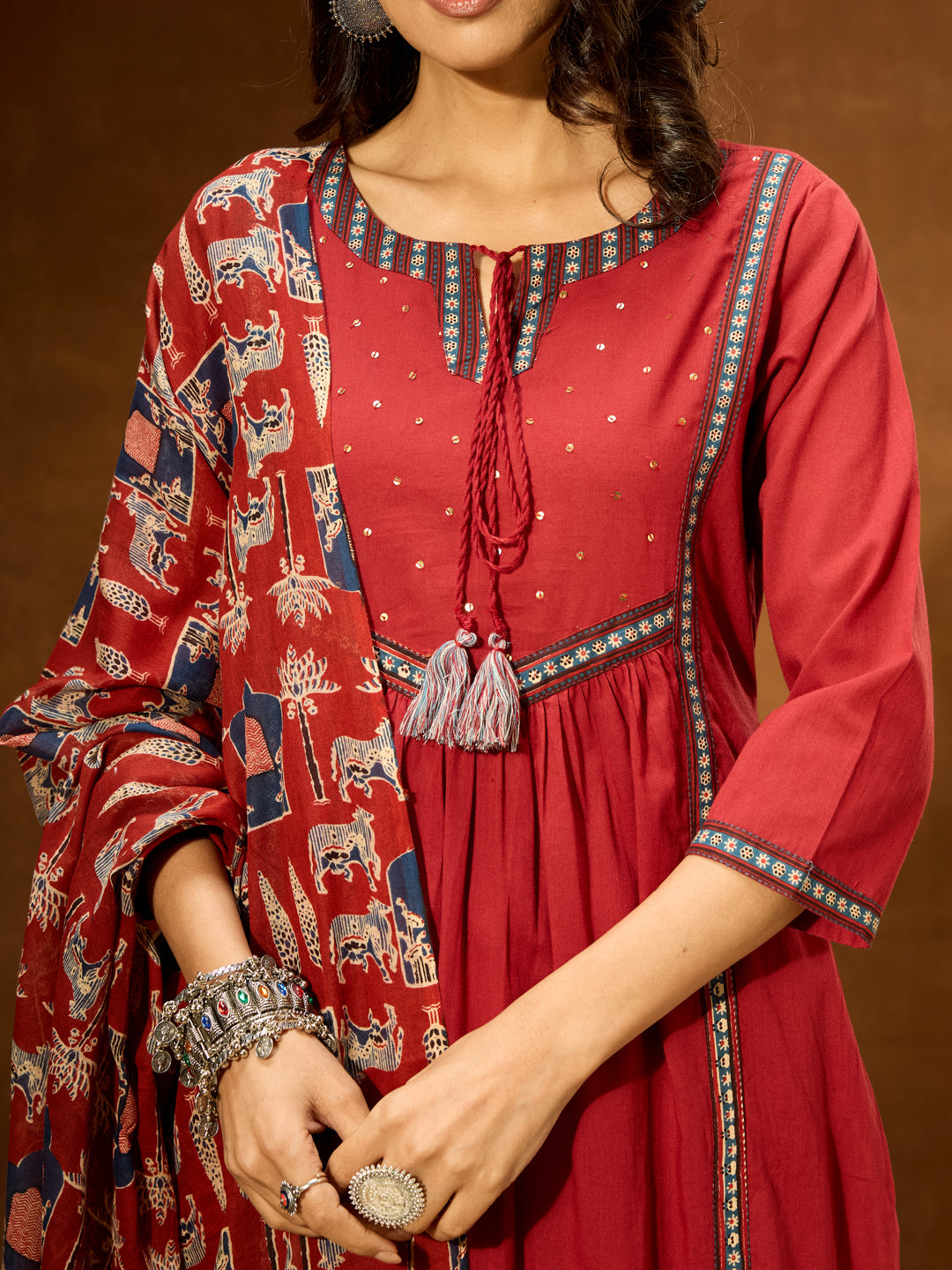 Women's Maroon Pure Cotton Embellished Straight Kurta With Palazzo & Dupatta Set