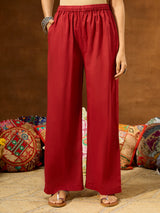 Women's Maroon Pure Cotton Embellished Straight Kurta With Palazzo & Dupatta Set