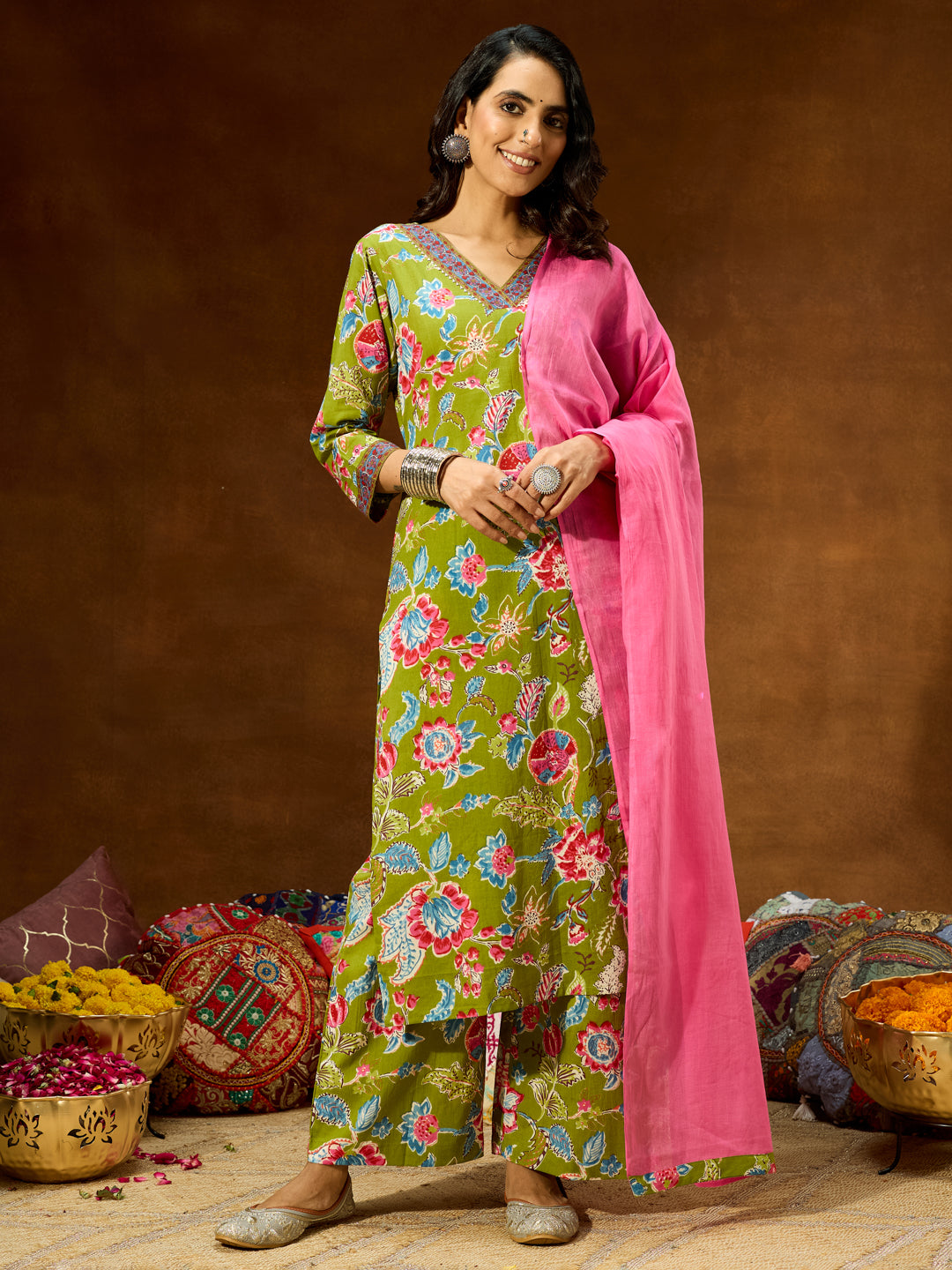 Women's Green Pure Cotton Floral Printed Kurta With Palazzo & Dupatta Set