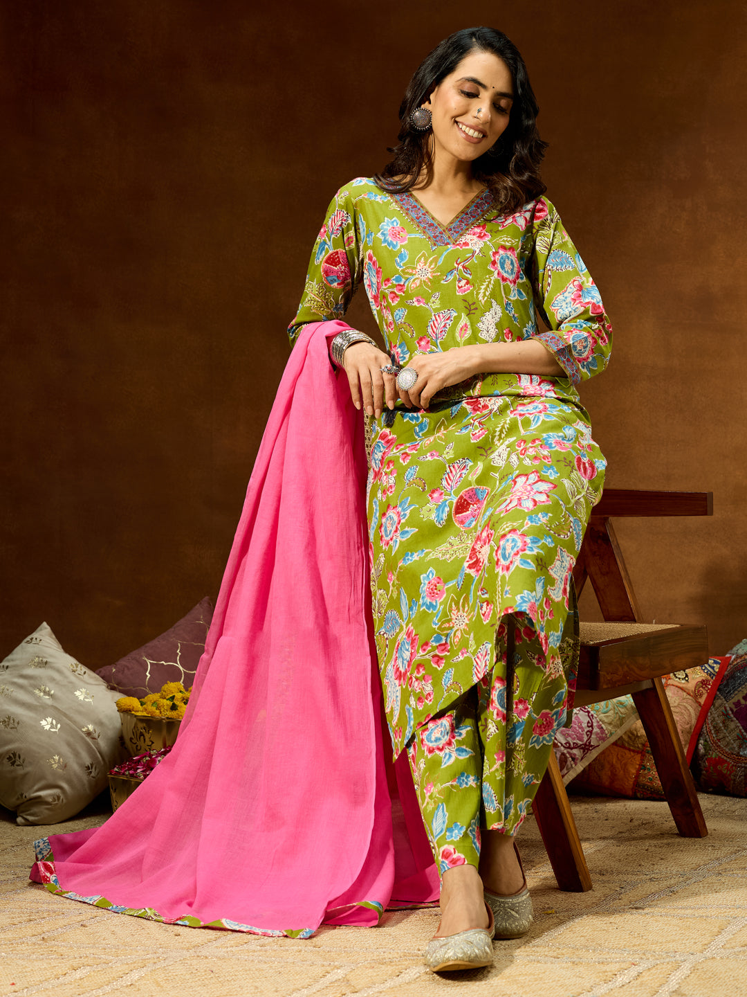 Women's Green Pure Cotton Floral Printed Kurta With Palazzo & Dupatta Set