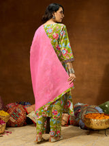Women's Green Pure Cotton Floral Printed Kurta With Palazzo & Dupatta Set