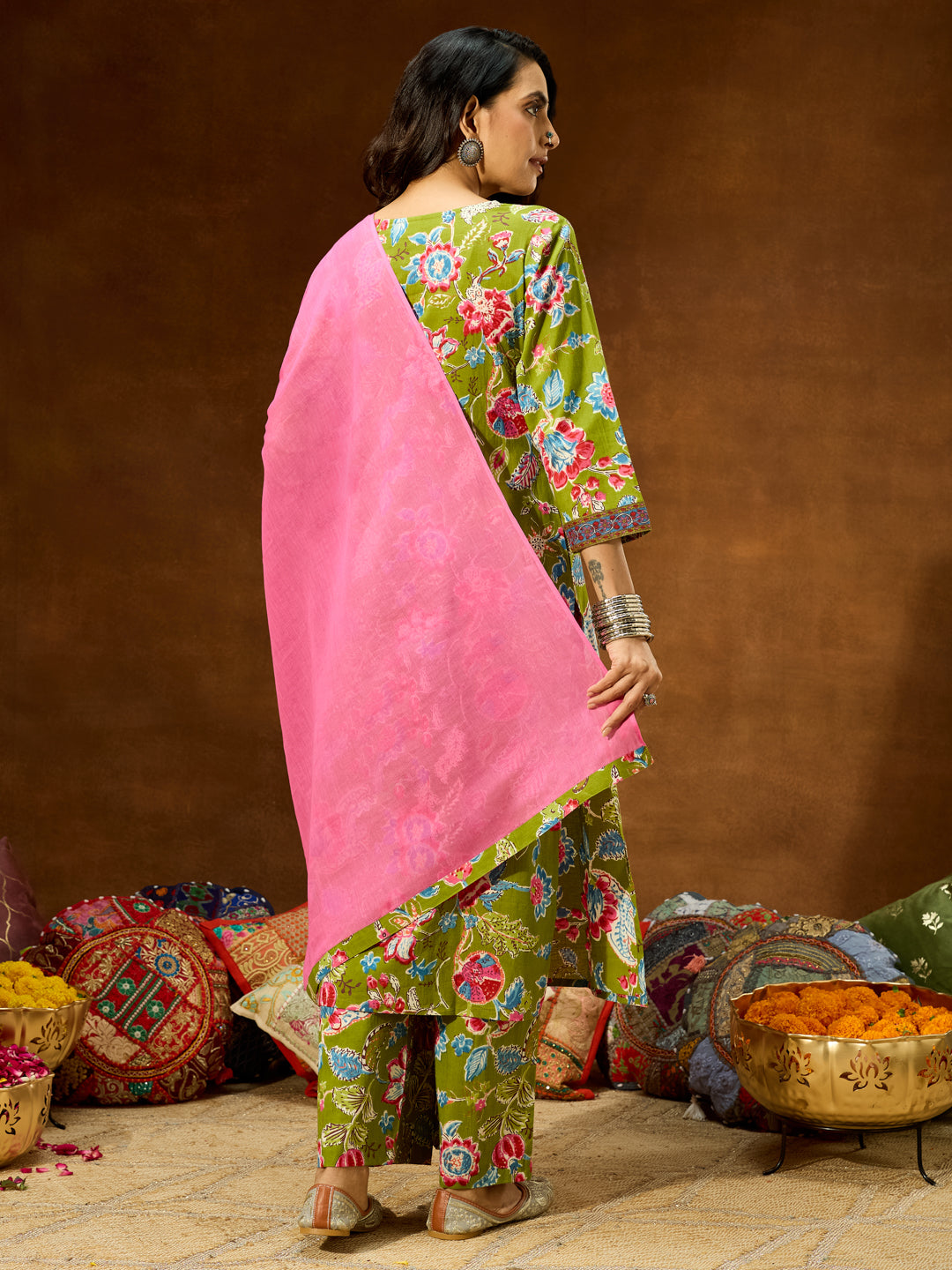 Women's Green Pure Cotton Floral Printed Kurta With Palazzo & Dupatta Set