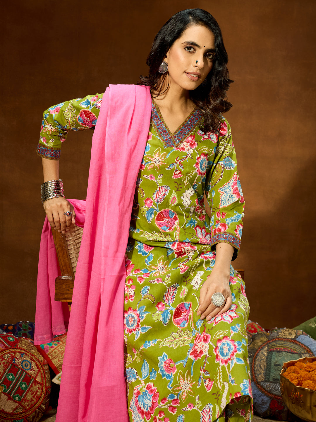 Women's Green Pure Cotton Floral Printed Kurta With Palazzo & Dupatta Set