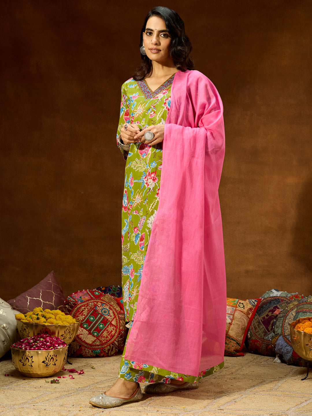 Women's Green Pure Cotton Floral Printed Kurta With Palazzo & Dupatta Set