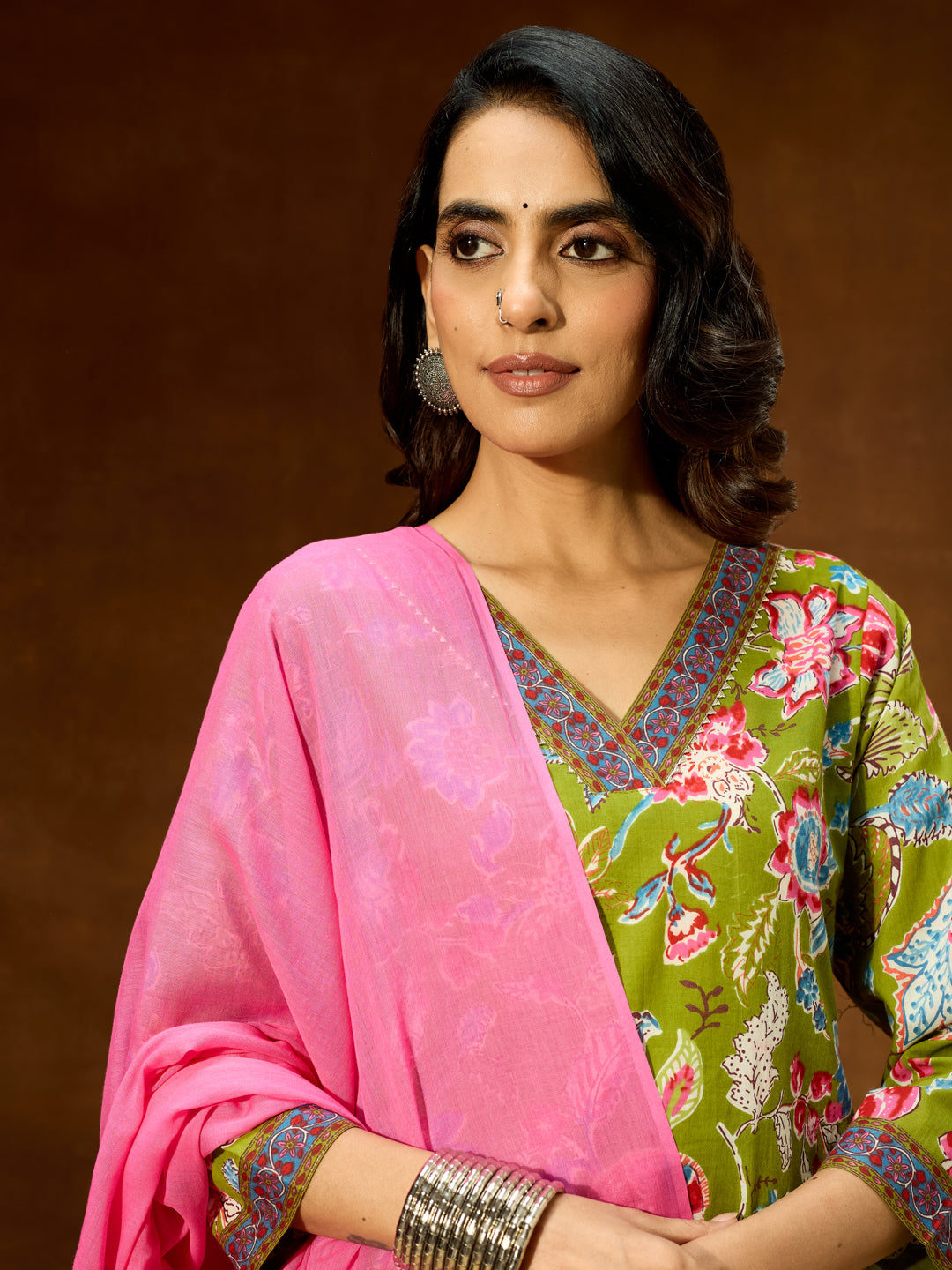 Women's Green Pure Cotton Floral Printed Kurta With Palazzo & Dupatta Set