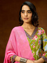 Women's Green Pure Cotton Floral Printed Kurta With Palazzo & Dupatta Set