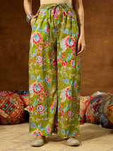 Women's Green Pure Cotton Floral Printed Kurta With Palazzo & Dupatta Set