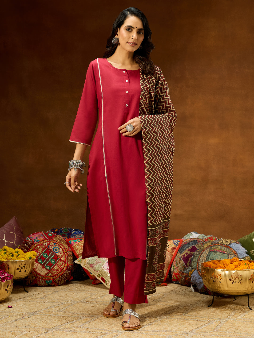 Women's Maroon Pure Cotton Solid Straight Kurta Set With Printed Dupatta