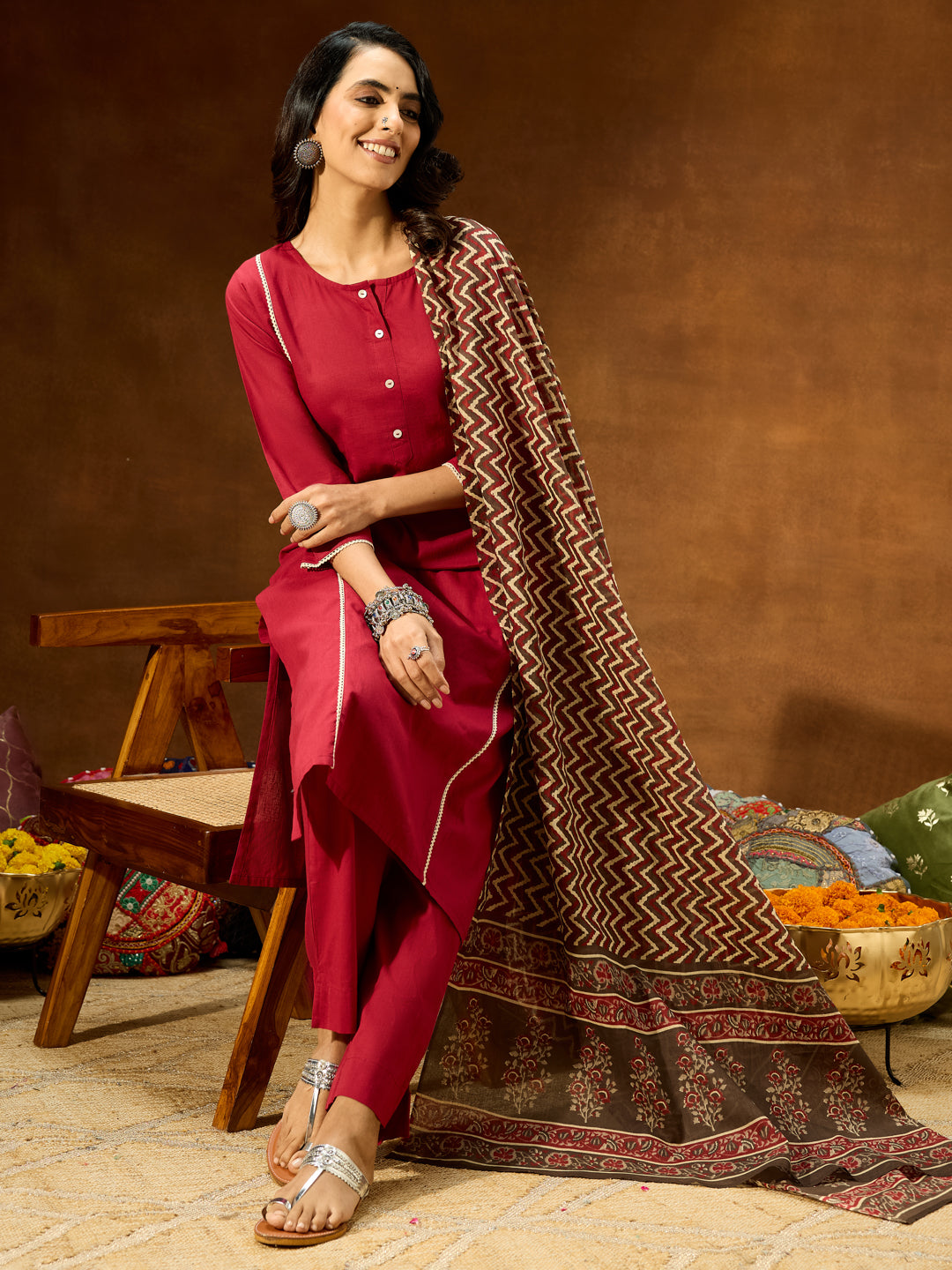 Women's Maroon Pure Cotton Solid Straight Kurta Set With Printed Dupatta