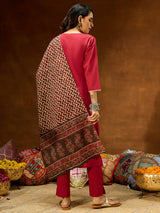 Women's Maroon Pure Cotton Solid Straight Kurta Set With Printed Dupatta