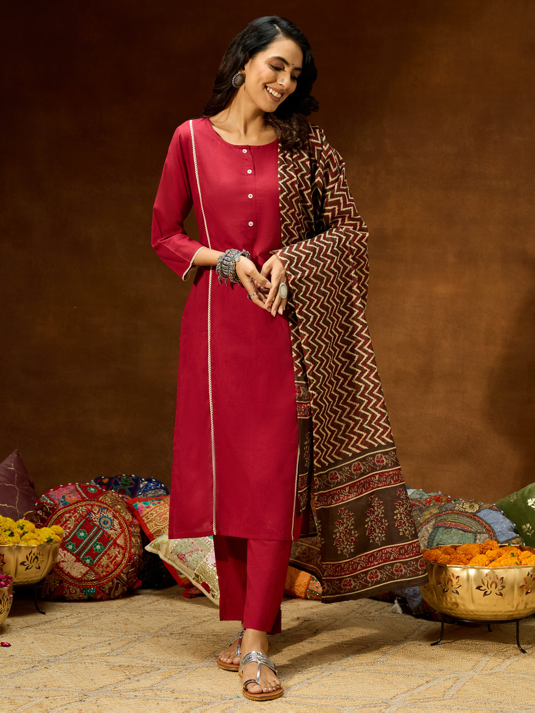 Women's Maroon Pure Cotton Solid Straight Kurta Set With Printed Dupatta