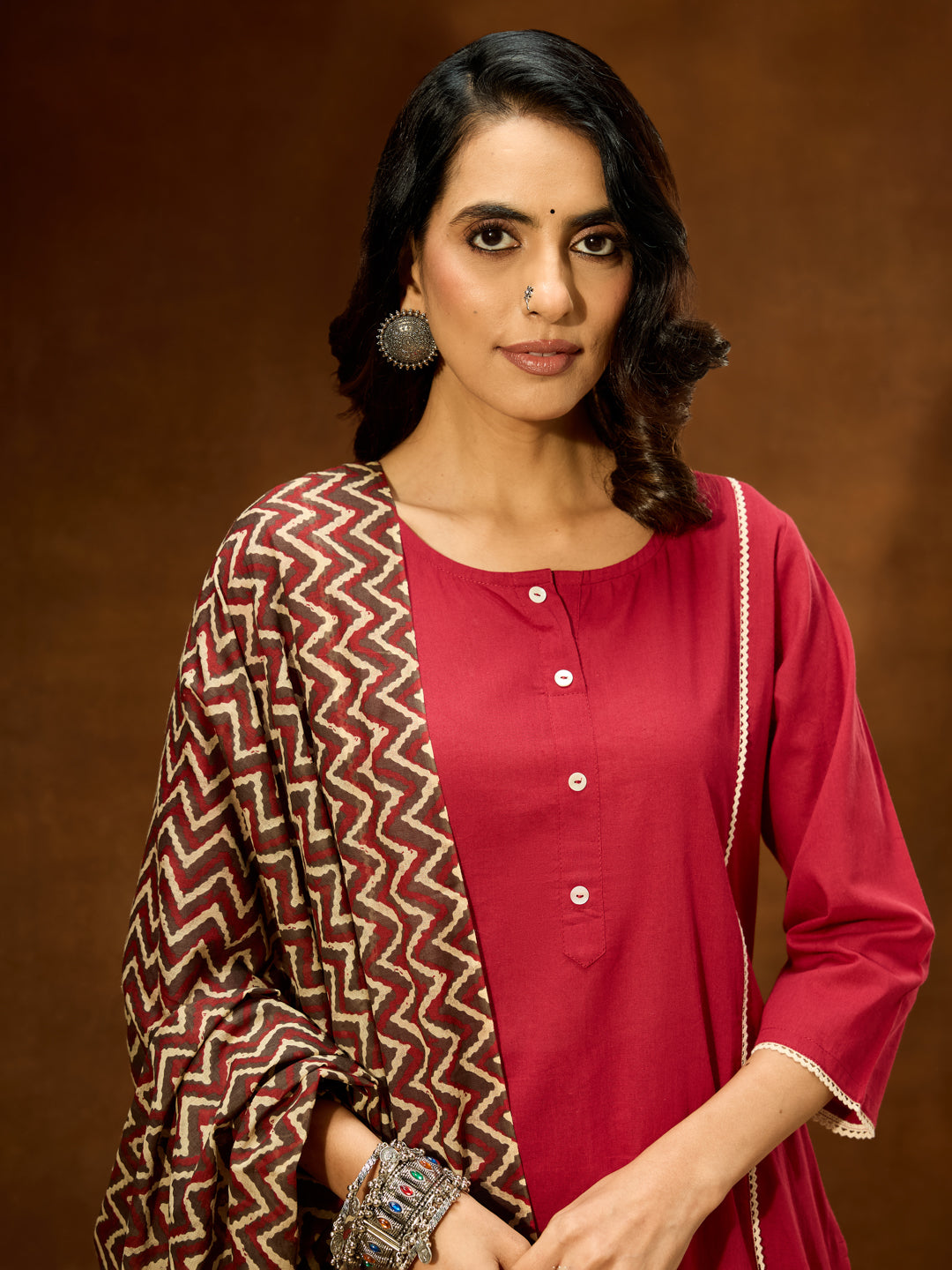 Women's Maroon Pure Cotton Solid Straight Kurta Set With Printed Dupatta