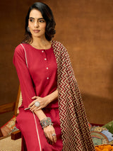 Women's Maroon Pure Cotton Solid Straight Kurta Set With Printed Dupatta