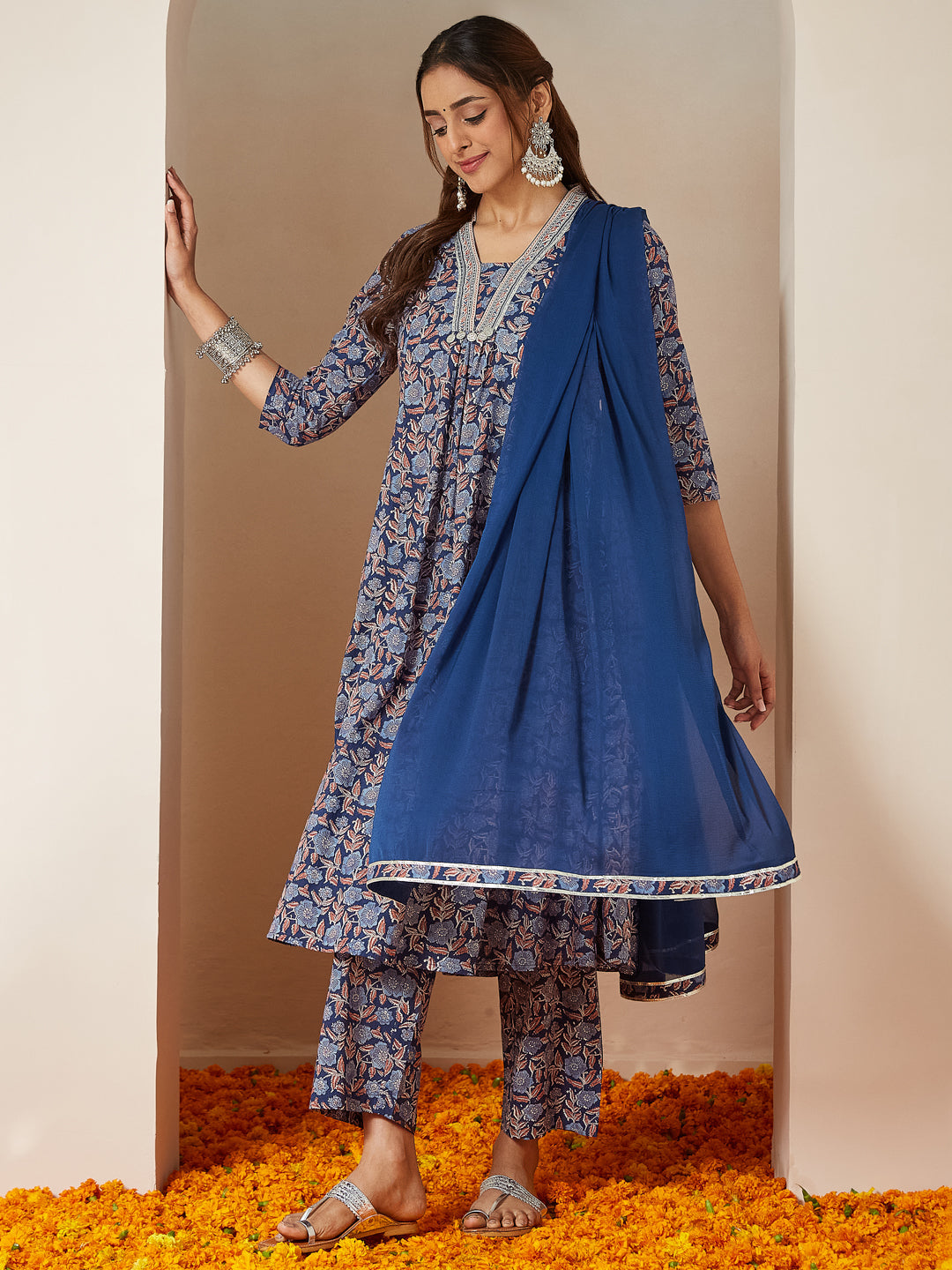 Women's Blue Pure Cotton Yoke Design Floral Printed A-line Kurta Set