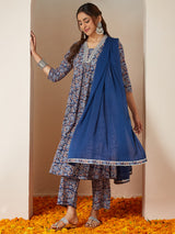 Women's Blue Pure Cotton Yoke Design Floral Printed A-line Kurta Set