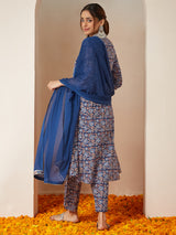 Women's Blue Pure Cotton Yoke Design Floral Printed A-line Kurta Set