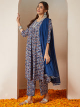 Women's Blue Pure Cotton Yoke Design Floral Printed A-line Kurta Set