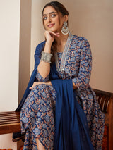 Women's Blue Pure Cotton Yoke Design Floral Printed A-line Kurta Set