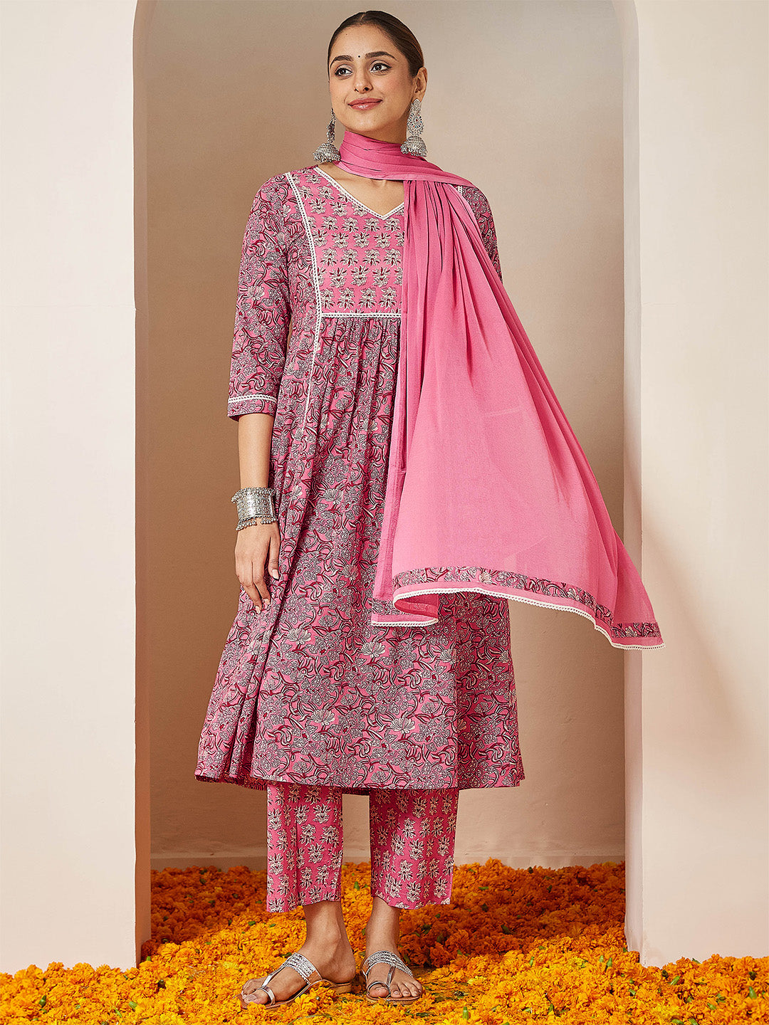 Women's Pink Pure Cotton Floral Printed A-line Kurta Set