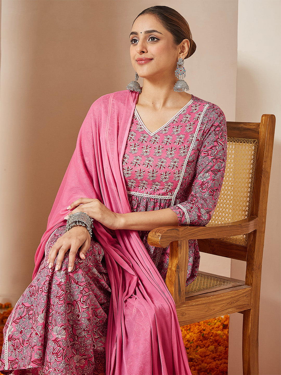 Women's Pink Pure Cotton Floral Printed A-line Kurta Set