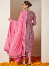 Women's Pink Pure Cotton Floral Printed A-line Kurta Set