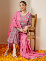 Women's Pink Pure Cotton Floral Printed A-line Kurta Set