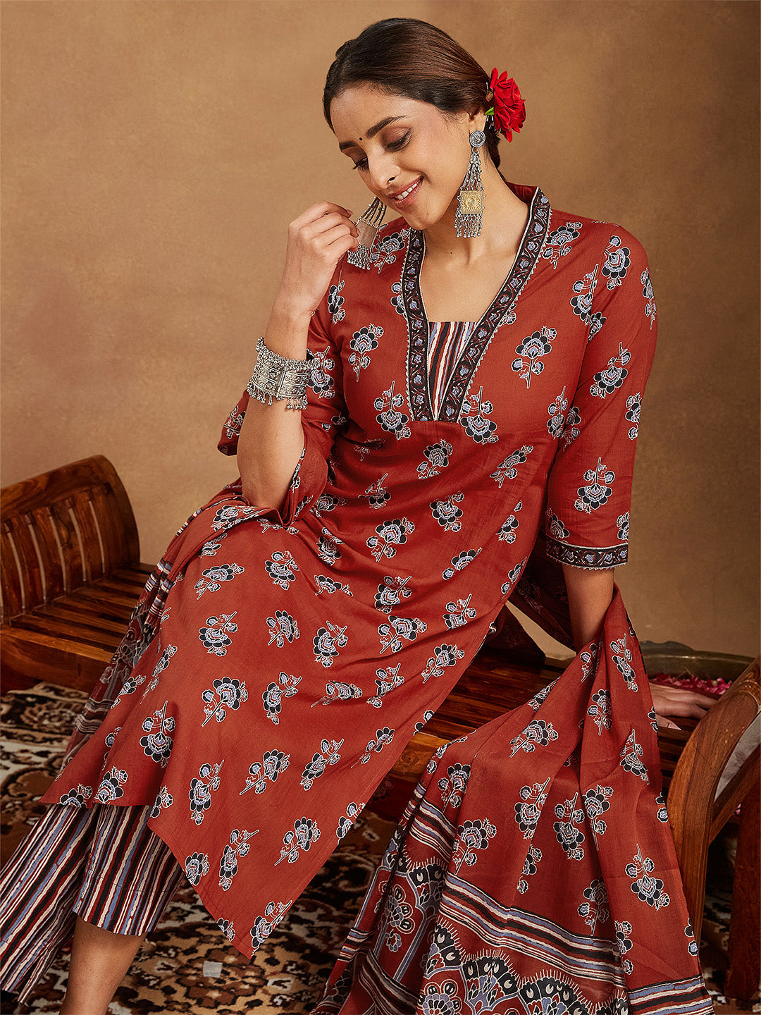 Women's Rust Pure Cotton Floral Printed Straight Kurta Set