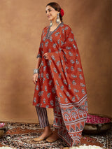 Women's Rust Pure Cotton Floral Printed Straight Kurta Set