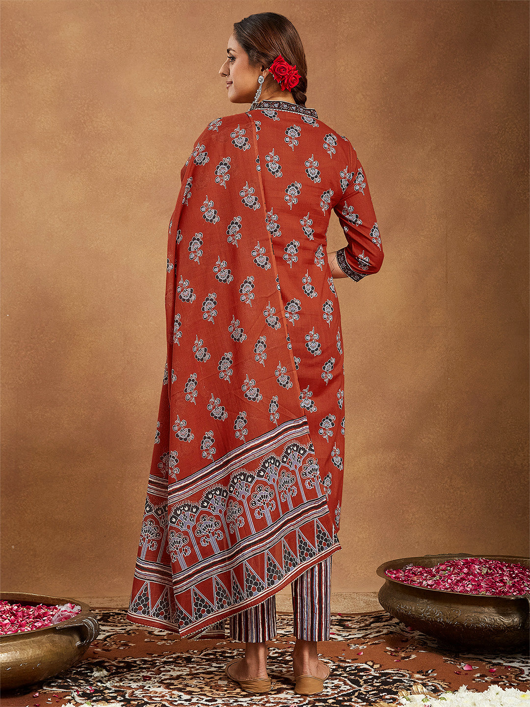 Women's Rust Pure Cotton Floral Printed Straight Kurta Set