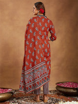 Women's Rust Pure Cotton Floral Printed Straight Kurta Set