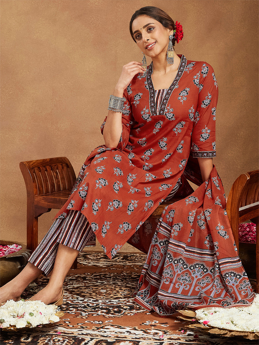 Women's Rust Pure Cotton Floral Printed Straight Kurta Set