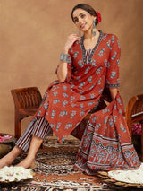 Women's Rust Pure Cotton Floral Printed Straight Kurta Set