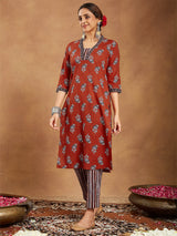 Women's Rust Pure Cotton Floral Printed Straight Kurta Set