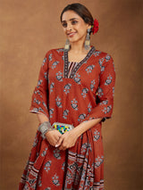Women's Rust Pure Cotton Floral Printed Straight Kurta Set