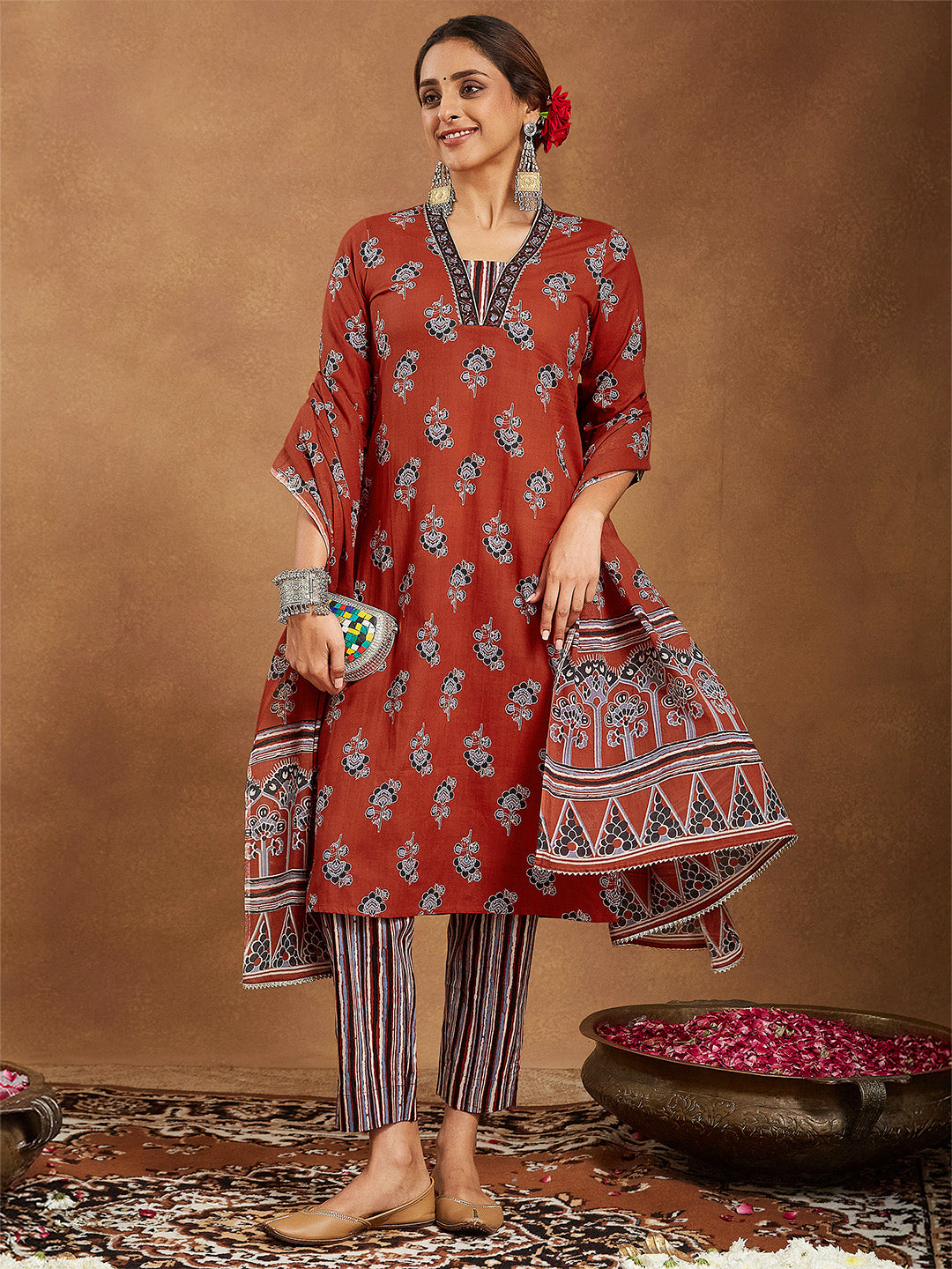 Women's Rust Pure Cotton Floral Printed Straight Kurta Set