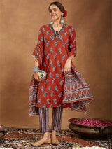 Women's Rust Pure Cotton Floral Printed Straight Kurta Set