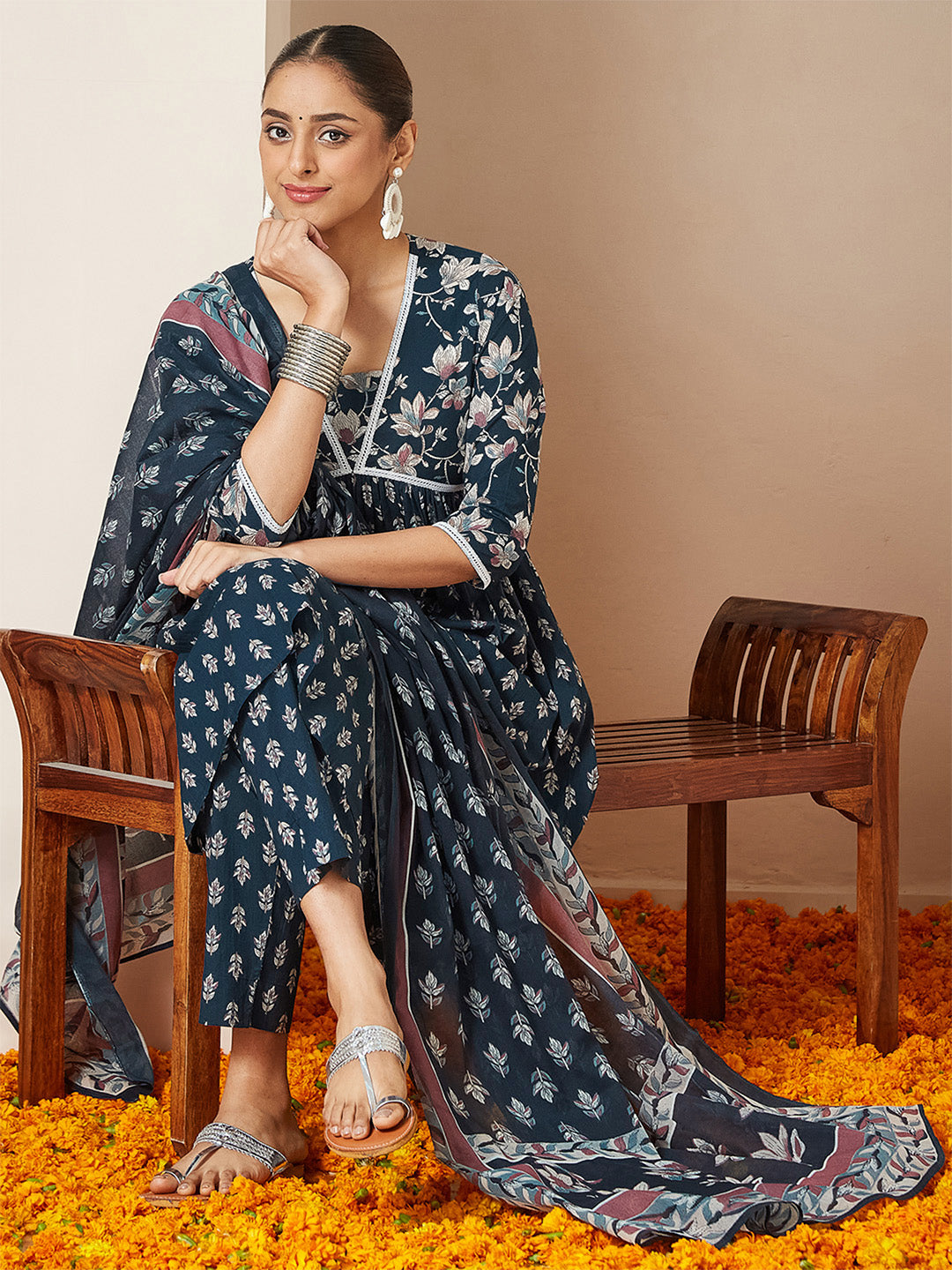 Women's Teal Blue Pure Cotton Floral Printed A-line Kurta Set
