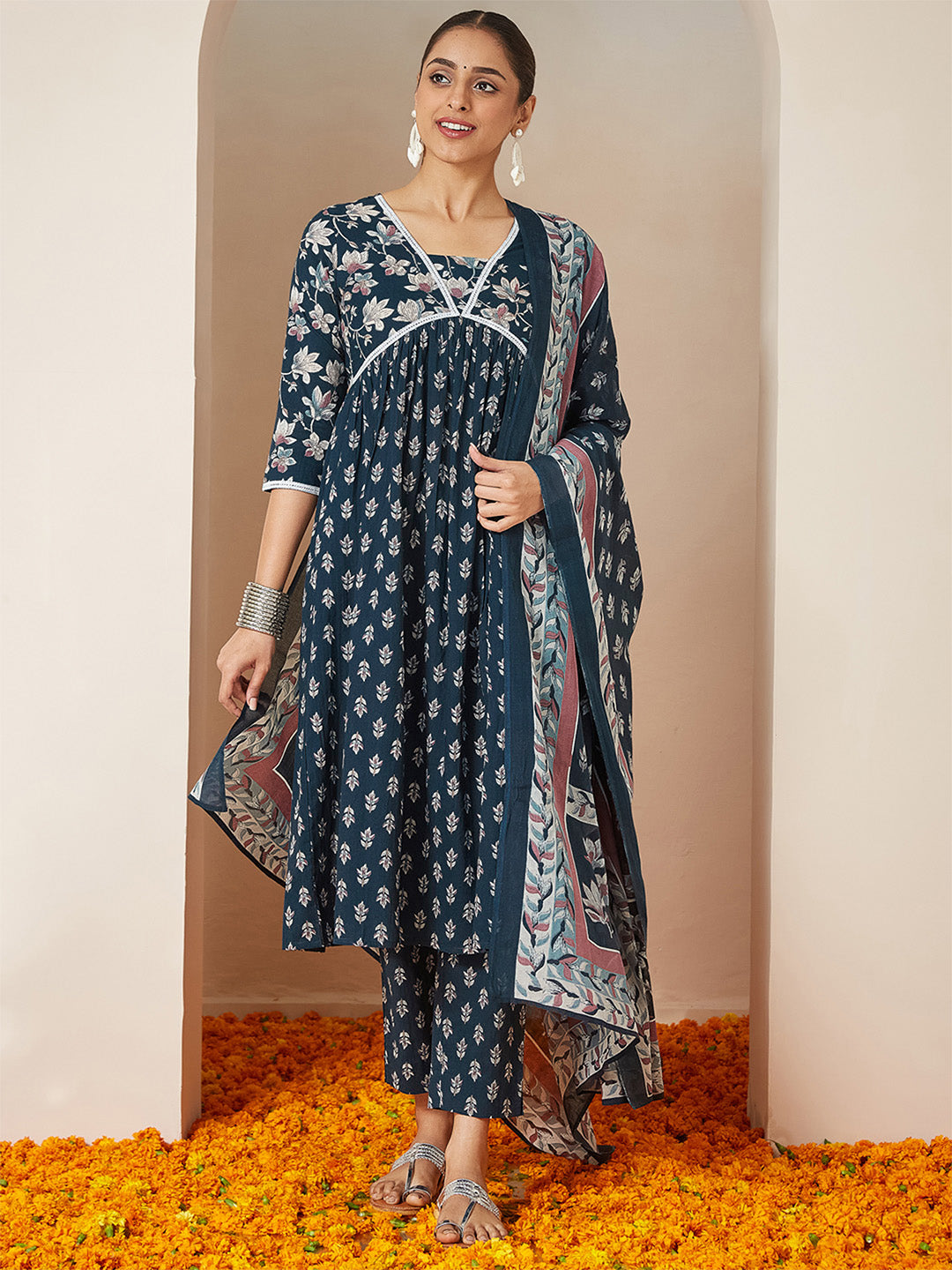 Women's Teal Blue Pure Cotton Floral Printed A-line Kurta Set